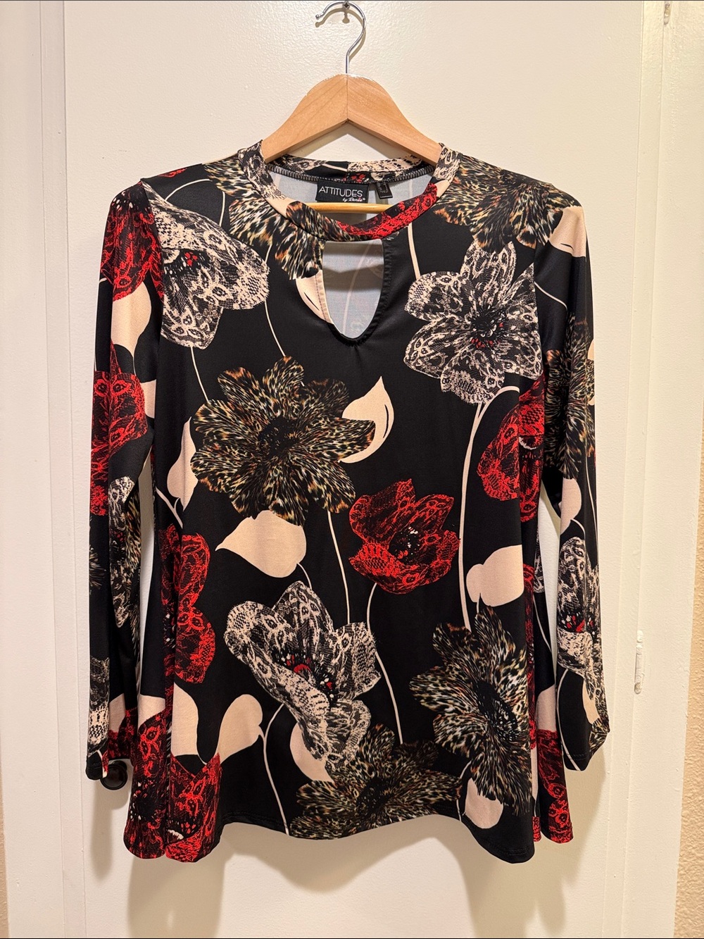 Attitudes by Renee Black Floral Keyhole Top with Red and Cream Accents